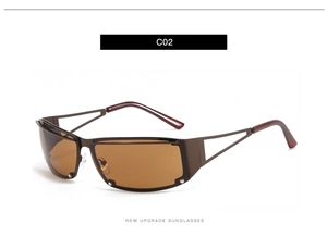 Detail view of coffee metal frame sunglasses with hollow design and silver stud accents