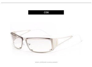 Close-up of geometric hollow temples on champagne gold Y2K sunglasses with C06 detail