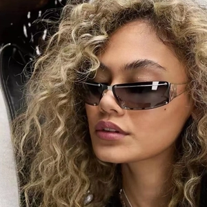 Y2K vintage silver metal rectangle sunglasses worn by a model for a trendy retro look