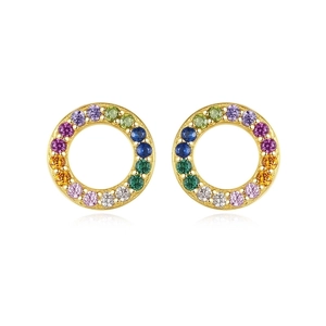 Fashionable S925 silver needle gold hoop earrings with vibrant rainbow cubic zirconia stones