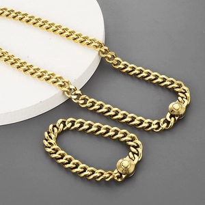 Golden 11mm Cuban link necklace and bracelet set with round clasp in hip hop style