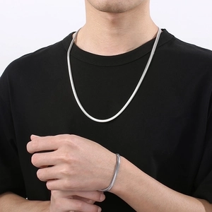 Polished silver snake bone chain necklace and bracelet set for men and women