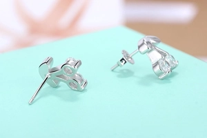 Macro shot of silver cherry stud earrings with white zircons on a mint green base