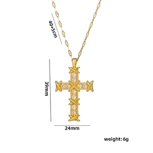 Gold cross necklace with zircons, minimalist pendant size 39x24mm, length 40+5cm