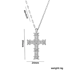 Silver cross necklace with X-design and pavé stones, 39mm pendant on 45cm chain