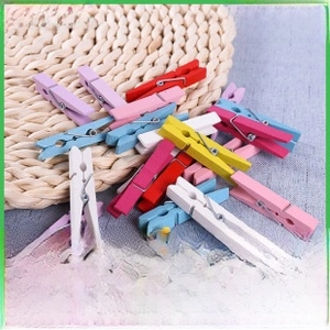 Close-up of colorful painted wooden clips with metal springs for DIY craft projects
