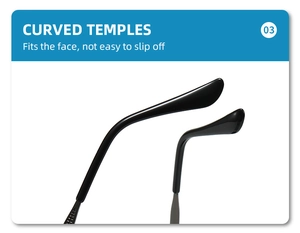 Vue détaillée des branches noires incurvées antidérapantes de ces lunettes de soleil