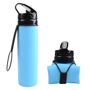 Collapsible blue silicone water bottle shown in both expanded and folded states for travel