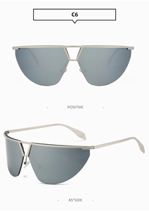 Close-up of Y2K futuristic rimless sunglasses showing front and 45-degree side views