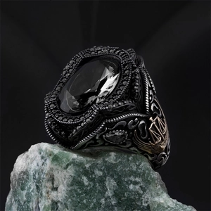 Retro adjustable men's copper ring with black oval gemstone and vintage relief engraving