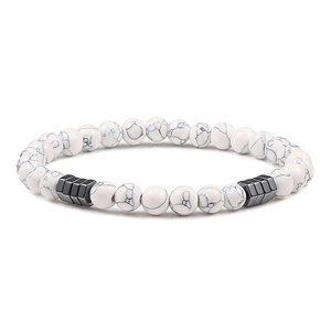 Minimalist 6mm white marble beads bracelet with black geometric metal accents for yoga