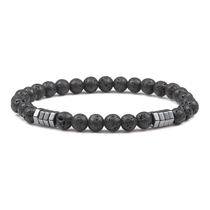 Minimalist 6mm black volcanic stone beaded bracelet with silver metal spacers on white background