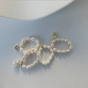 Baroque freshwater pearl ring set with golden heart star and bear charms for women
