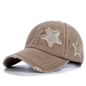 Coffee washed cotton baseball cap with distressed star patches and white stitching