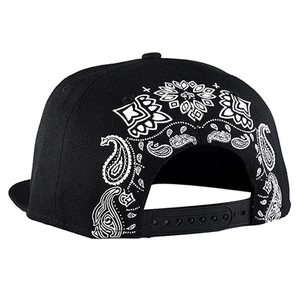 Black hip-hop baseball cap with paisley embroidery and adjustable plastic back strap