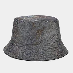 Detail of silver iridescent PU leather bucket hat with colorful shimmering sequins