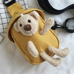 Sac de poitrine en toile jaune avec ours en peluche mignon pour filles et étudiantes