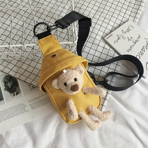 Sac De Poitrine En Toile Pour Femmes Avec Décoration Ours En Peluche Bandoulière Réglable Prise Casque Sac Banane Décontracté