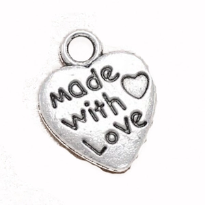 Vintage silver heart-shaped DIY charm with Made with Love engraving for jewelry
