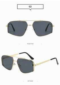 Détail de lunettes de soleil dorées à double pont avec monture géométrique et branches
