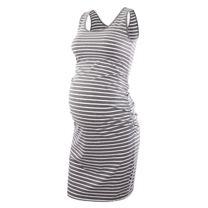 Sleeveless grey striped maternity tank dress with round neck in comfortable slim fit