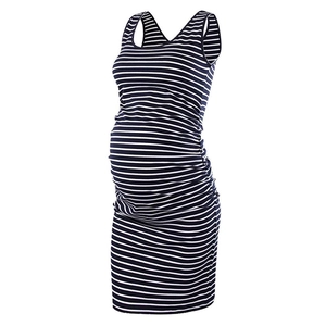 Navy and white striped sleeveless maternity dress with side ruching for comfort