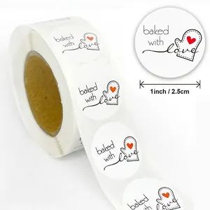 White round 'baked with love' 1-inch stickers for bakery gifts and business packaging