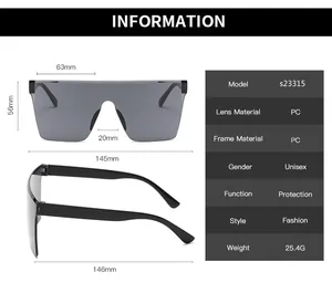 Detailed size chart for oversized shield sunglasses with 145mm frame width and PC material