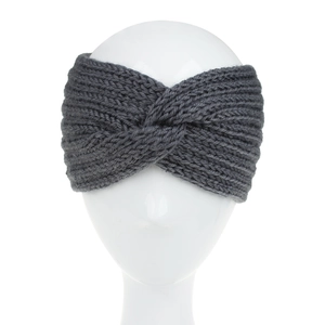 Detail of dark grey knitted twist headband showing thick wool texture on a mannequin