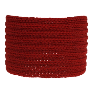 Detailed close-up of red cable knit headband showing intricate stitch patterns