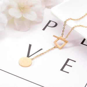 18K gold-plated titanium steel necklace with Good Luck round pendant and square link detail
