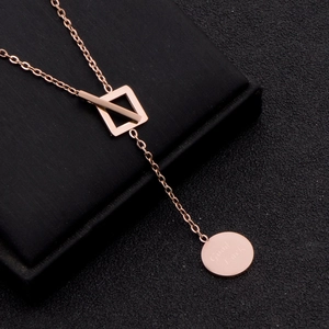Rose gold geometry lariat necklace with square charm and Good Luck engraved round tag