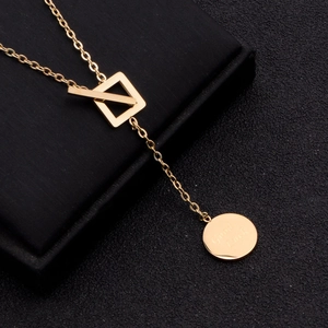 Golden 18K titanium steel necklace with T-bar clasp and Good Luck round pendant