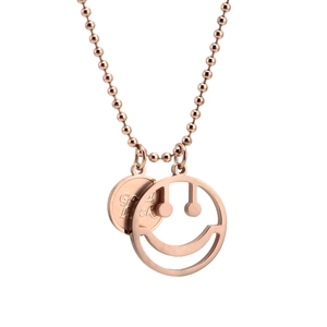 Collier À Pendentif Visage Souriant Good Luck Étiquette Ronde Acier Titane Plaqué Or Rose Chaîne À Billes Bijoux Pour Femme