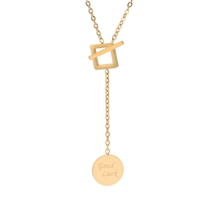 Good Luck Round Tag Necklace Titanium Steel Square Toggle Buckle Gold Plated Fashion Jewelry For Women