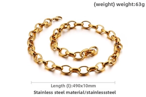 Detailed specs of gold stainless steel chunky link chain necklace 490x10mm 63g