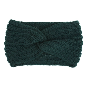Detail of dark green chunky knit twist headband showing warm textured woolen weave