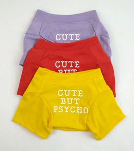 Three cotton pet t-shirts in purple red and yellow with Cute But Psycho print