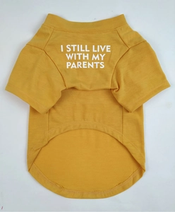 Flat lay of a yellow cotton dog T-shirt featuring I STILL LIVE WITH MY PARENTS print