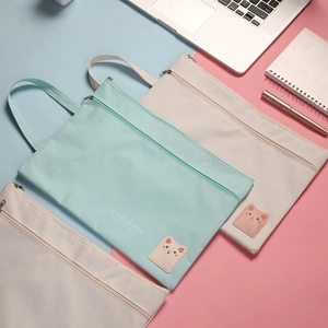 Cute cartoon cat A4 document bag with dual zippers and handle in light blue and beige