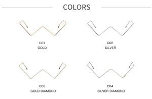 Four styles of geometric V-shaped rimless glasses frames in gold and silver diamond finishes