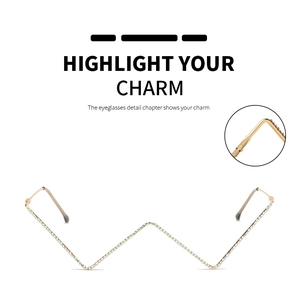 Detail view of gold geometric semi-rimless frames with multi-color rhinestones