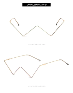 Detail of gold lightning bolt rimless glasses frame featuring colorful inlaid diamonds