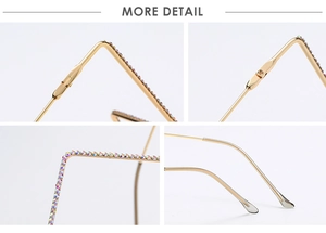 Detail view of golden metal glasses frame with multi-color rhinestones and V-shaped hinge