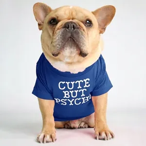 Detail of navy blue cotton pet T-shirt with CUTE BUT PSYCHO print on French Bulldog