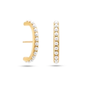 Macro view of gold-plated C-shaped stud earrings featuring a crescent pearl arrangement