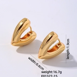 Detailed view of polished golden heart hoop earrings with size and weight parameters