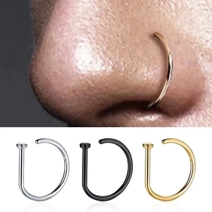 Unisex D-shaped nose rings in gold, silver, and black metal for punk body piercing style