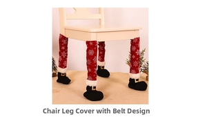 Detail of Santa boot style chair leg covers with red snowflake fabric and gold belt buckle
