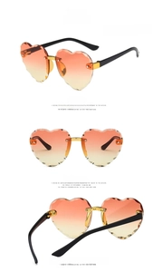 Three views of heart sunglasses with gradient red lenses and scalloped rimless edges